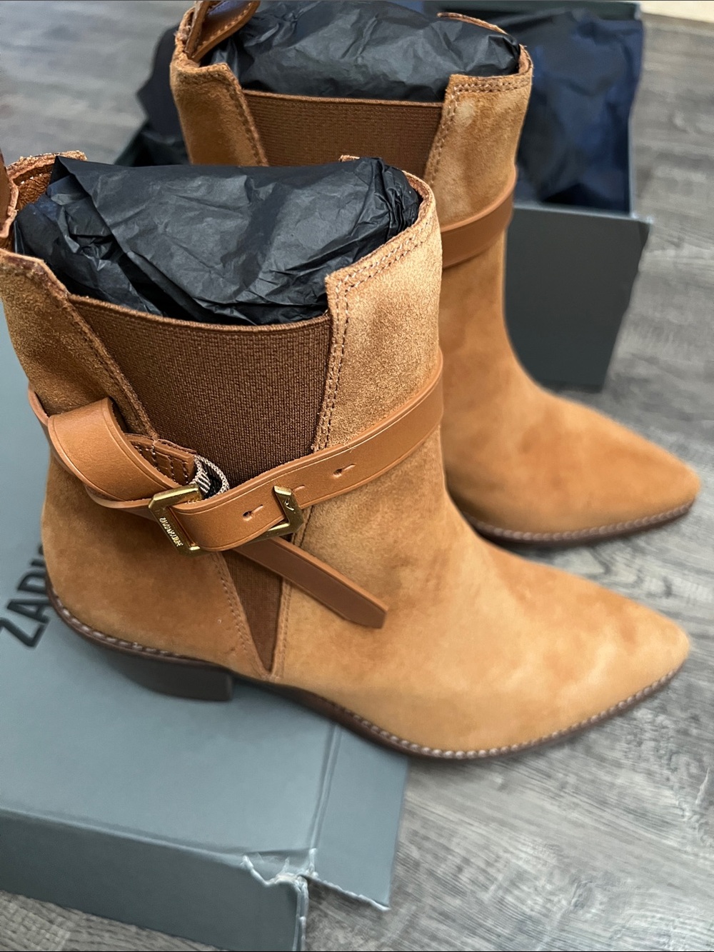 Tan Suede Ankle Boots with Strap Detail